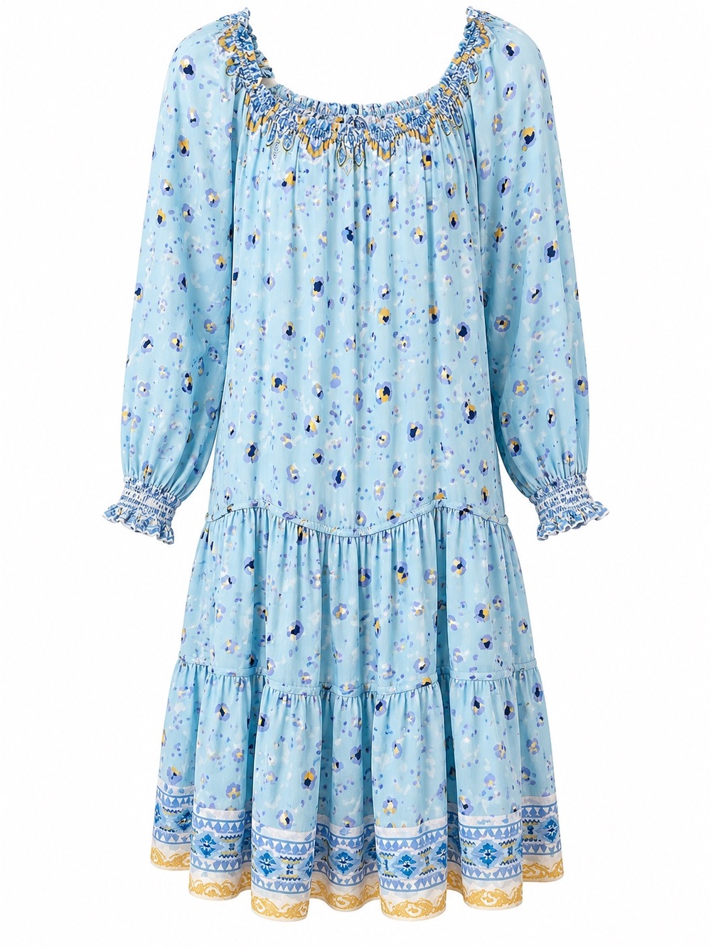Hale Bob Light Blue Floral Tiered Smocked-Neck Midi Dress, M